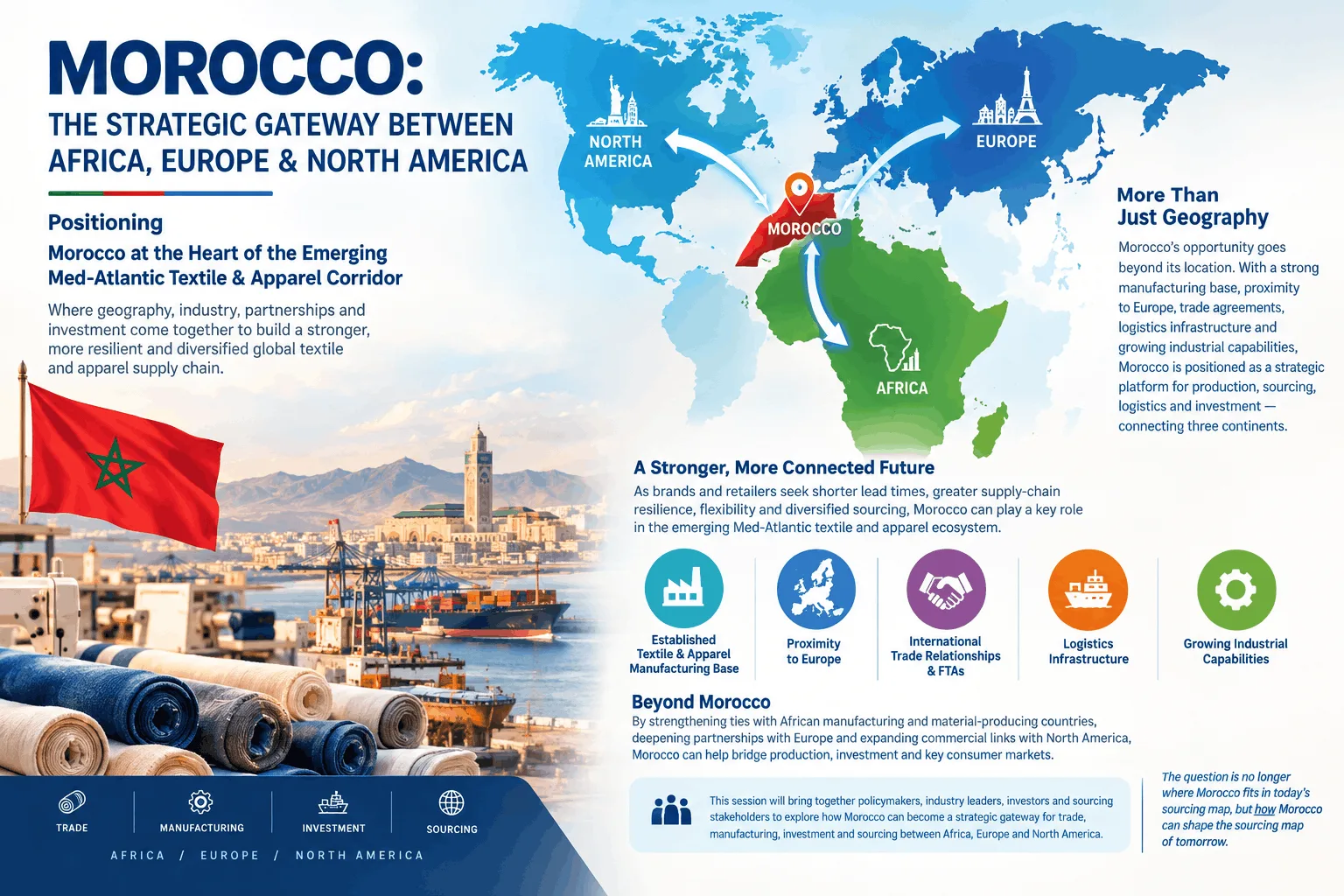 MOROCCO: THE STRATEGIC GATEWAY BETWEEN AFRICA, EUROPE & NORTH AMERICA
Positioning Morocco at the Heart of the Emerging Med-Atlantic Textile & Apparel Corridor